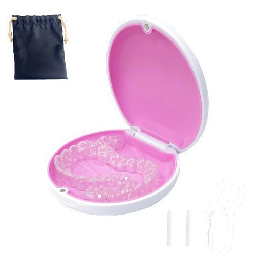 Maoerdental Retainer Case,Cute Slim Aligner Case Compatible with Invisalign,Retainer Holder with Aligner Remover Tool, Chew & Brush,Rope Bag(White Outside Pink Silicone)