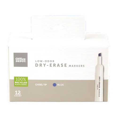 Office Depot 100% Recycled Low-Odor Dry-Erase Markers, Chisel Point, Blue, Pack Of 12, DEM12BLU