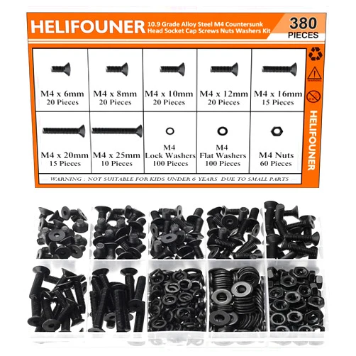 HELIFOUNER 380 Pieces M4 x 6mm /8mm /10mm /12mm /16mm /20mm /25mm, Countersunk Head Socket Cap Screws Bolts Washers Nuts Kit, 10.9 Grade Alloy Steel, Full Threaded, Black