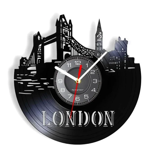 ZSWCCP 12 Inch Wall Clock London Skyline Vintage Decorative Analog Black Vinyl Record Wall Clock Silent Quartz Non Ticking for Bedroom Living Room Man Cave Decor