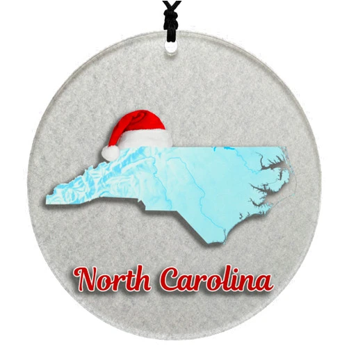 Cranberry Collective North Carolina Christmas Ornament - Winter Theme Featuring Snow, State Terrain Map and Santa Cap - 2024 Acrylic Tree Decoration - Holiday Gift and Home Decor