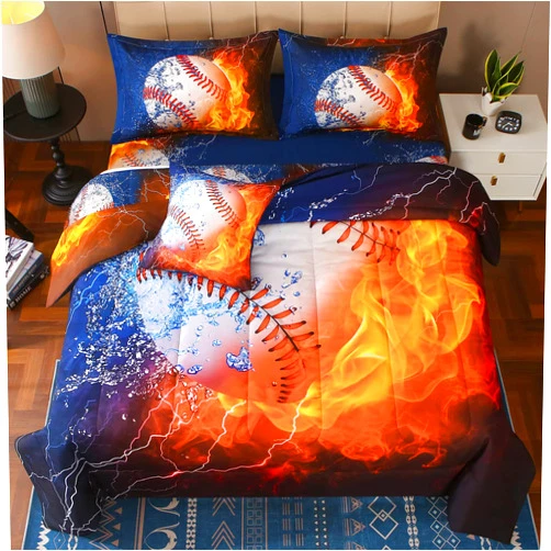 JQinHome Full Baseball and Fire Comforter Sets for Boys,6 Piece Bed in A Bag 3D Sport Themed Bedding -All Season Soft Microfiber Bedding Sets, Pillowcase, Flat Sheet, Fitted Sheet,Cushion Cover