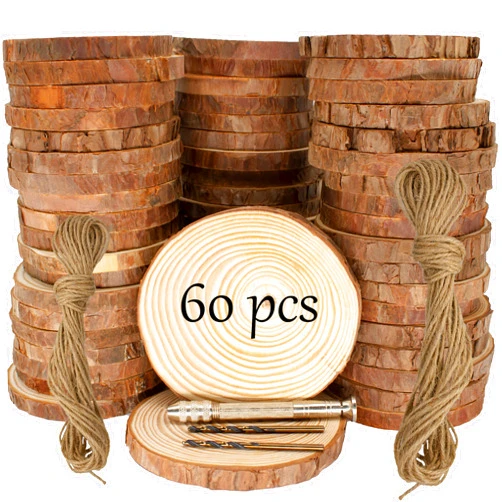KXEXK Unfinished Natural Wooden Slices 60 Pcs 3.2-4 Inch Wood Circles for Crafts DIY Christmas Ornament Craft Wood Kit with Bit,Blank Round Wood Slice with Bark for Art,Painting,Party (60)