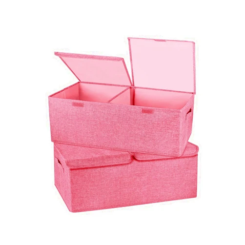 Valease 2 Pack Large Storage Boxes with Lids and Handles, Collapsible Linen Storage Bins Organizer Containers Baskets Cube with Removable Divider for Home Bedroom Closet Office (Pink, Small)
