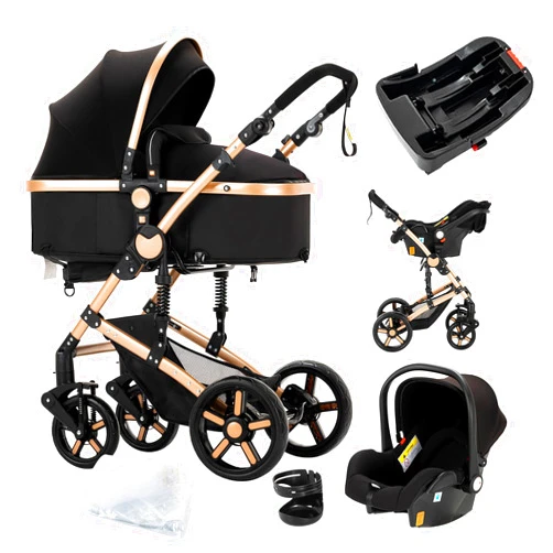 Suttonbebe 3 in 1 Baby Travel System Reversible Baby Stroller Pushchair Portable Baby Standard Pram Buggy Baby Carriage Foldable Luxury Baby High Landscape Pram for Toddler Newborn (UD588-BLACKGOLD with Base)