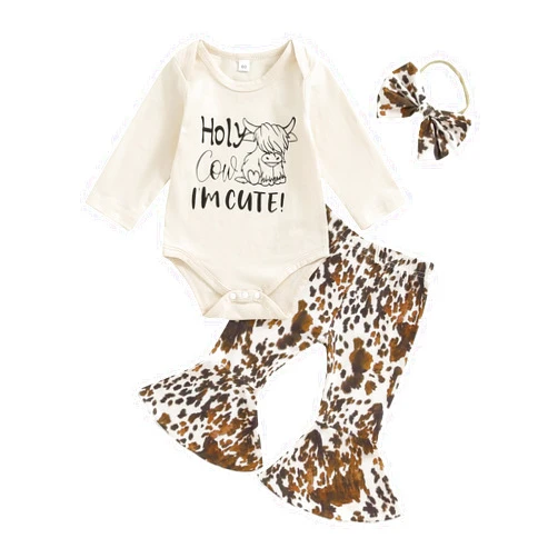 Chloefairy Western Baby Girl Fall Clothes Holy Cow I'm Cute Romper Bell Bottoms Flare Pants Set 3Pcs Infant Cowgirl Outfit