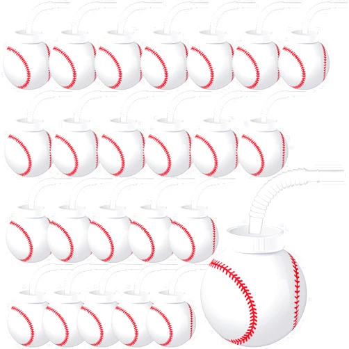 Eaasty Baseball Ball Shape Cups Bulk with Straws and Lids, 10oz Plastic Reusable Baseball Party Cups Ball Shape Cups Party Favors for Kids Birthday Competition Sport Fans Player Theme Party Supplies (24 Pcs)