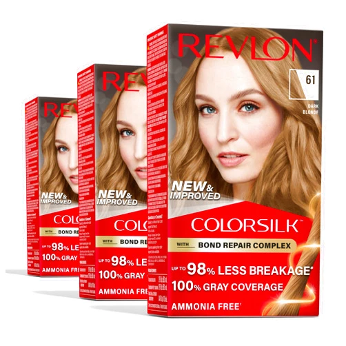 Revlon ColorSilk with Bond Repair Complex, Blonde Permanent Hair Color, 100% Gray Coverage, Ammonia Free Hair Dye, Vegan Keratin, 61 Dark Blonde (Pack of 3)