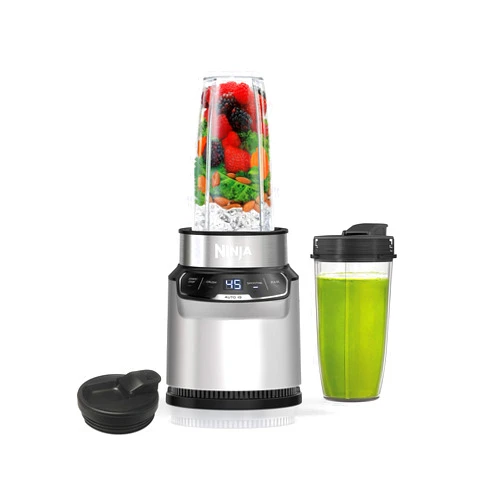 Ninja BN401 Nutri Pro Compact Personal Blender, Auto-iQ Technology, 1000-Peak-Watts, for Frozen Drinks, Smoothies, Sauces & More, with (2) 24-oz. To-Go Cups & Spout Lids, Cloud Silver