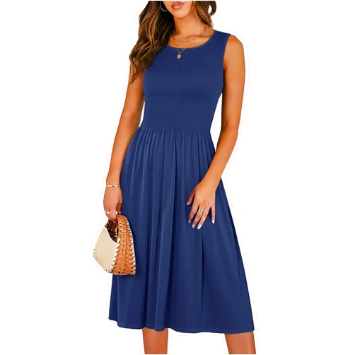 ANRABESS Womens Summer Casual Midi Dresses Sleeveless Smocked Elastic Waist Flowy Sundress 2026 Spring Beach Vacation Clothes