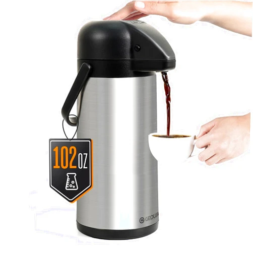 Geouja Airpot Coffee Carafe for Keeping Hot - 102 OZ/ 3L Large Coffee Dispenser with Pump - Insulated Stainless Steel Thermos Urn for Hot Drinks Water Tea Chocolate - Thermal Beverage Dispenser for Parties