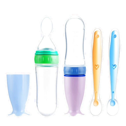 PandaEar 2 Pack Baby Food Spoon Dispenser + 2 Silicone Baby Spoons| Baby Spoon Bottle Feeder| 4 oz Squeeze Spoon Feeder for Baby Food| Travel Friendly Kids Toddlers Boys Girl