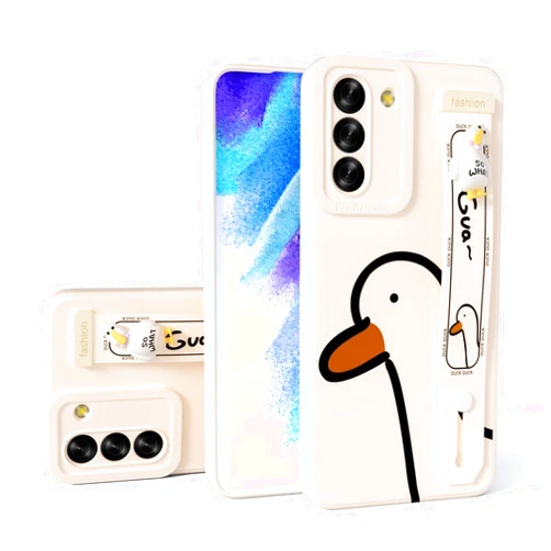 Onefeel Cartoon Case for Samsung Galaxy S21 FE Case 6.4 Inch (2023) Cute Duck Cartoon Character Design with Wrist Strap Band Holder Shockproof Protection Bumper Kickstand Cover Beige