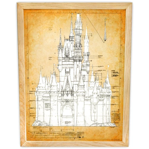 Lone Star Art Walt Disney World Cinderellas Castle Blueprint - Amusement Park - Kids Room Decor, Nursery Wall Art, Home Decorations, Disney Theme Park Vintage Design, 11x14 Framed Art Print Poster