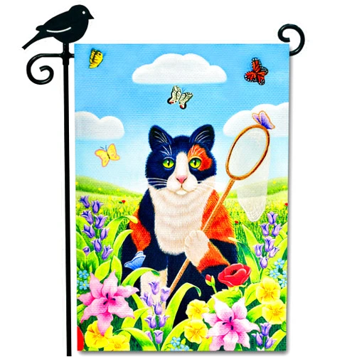 LAYOER Home Garden Flag 12.5 x 18 inch Grass Pastoral Cat & Flower Net Bag Catching Butterflies