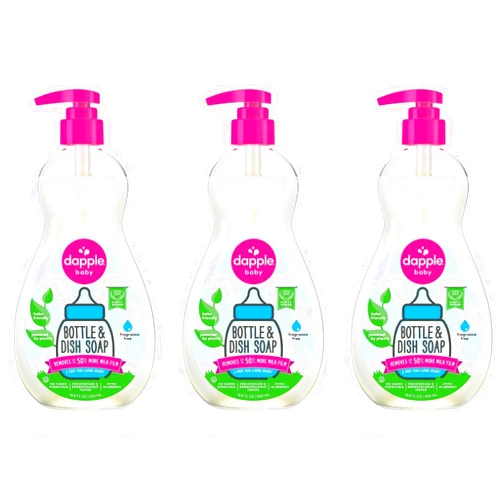 Dapple Baby Bottle Soap, Hypoallergenic Dish Soap for Baby Bottles, Powered by Plants, 1 Pump Included, Packaging May Vary, Fragrance Free, 16.9 Fl Oz (Pack of 3)