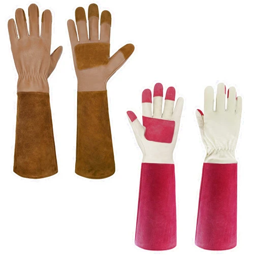 HANDLANDY Bundle - 2 Pairs of Pruning Gloves Long for Men & Women, Pigskin Leather Rose Gardening Gloves, Breathable & Durability Gauntlet Gloves, Medium