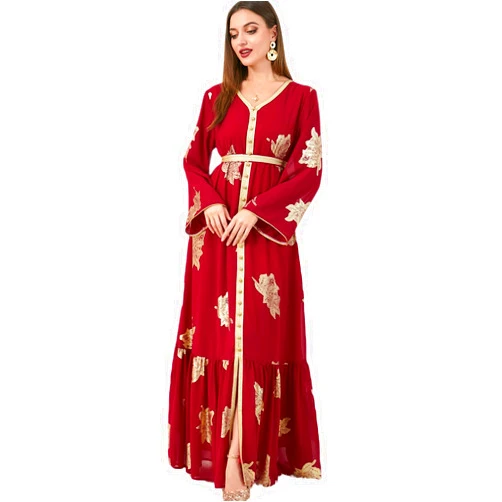 AFAVOM Women Moroccan Kaftan Abaya Golden Lace Dress Embroidered Islamic Ramadan Eid Dress Arabic Dubai Muslim Prayer Robe