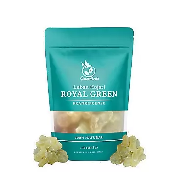 Oman Herbs Royal Green Frankincense Hojari from Oman Boswellia Sacra | Certified Healthy Pure Incense Resin Bulk (1 lb)