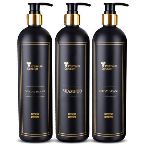 PR3MIUM CONC3PT Plastic Pump Bottles for Shower Dispenser, Set of 3 Black 500mL Dispenser Bottles with Gift Box and Labels for Shampoo, Conditioner, Body Wash, Hand Soap, Detergent, and Dish Soap