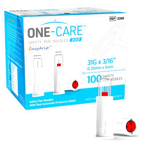 ONE-CARE PRO Duo Safety Pen Tips 31G x 3/16'' (5mm), Universal Fit, Dual Shield, 100/bx