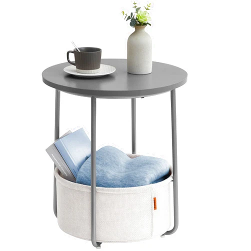 VASAGLE End Table, Small Bedside Table with Fabric Basket, Modern Nightstand, Round Side Table, for Living Room, Bedroom, Cement Gray and Cream White ULET223G49