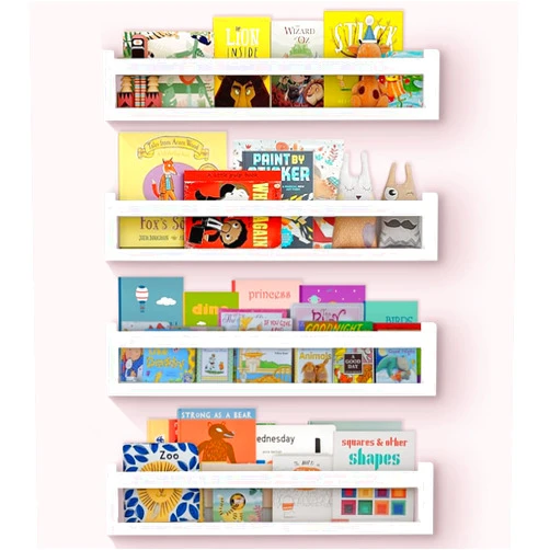 MOEEZLIN Floating Nursery Book Shelves Set of 4, Wall-Mounted Wooden Storage for Kids Room, Baby Nursery, Toys, Books, and Decor, Wood Shelf (16.5 x 4 x 3.5 Inches, White