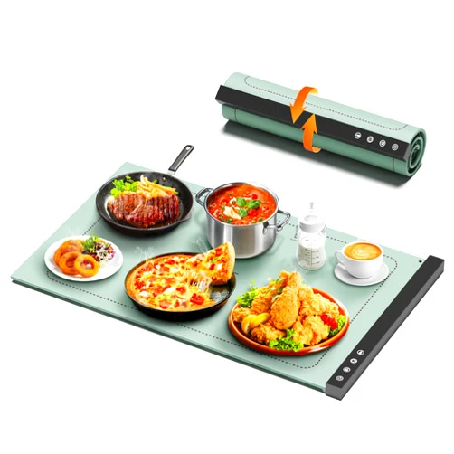 COODAM Warming Mat for Food - Full Surface Rapid Heating, Rollable & Portable Food Warmer Mat with 6 Temperature Settings and 1-4 hours adjustable Timer, Silicone Heating Mat for Party Buffet (Grayish green)