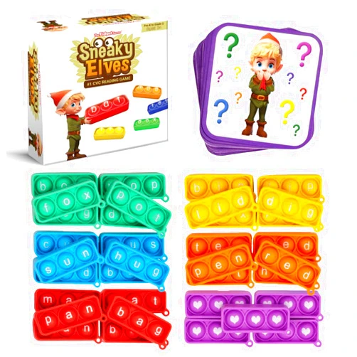 THE FIDGET GAME Sneaky Elves, CVC Sight Words Game, Pop Sensory Toy to Learn and Spell, Educational Kindergarten Classroom Activities, Multisensory Reading and Phonics Flash Cards for Kids 3+ Years