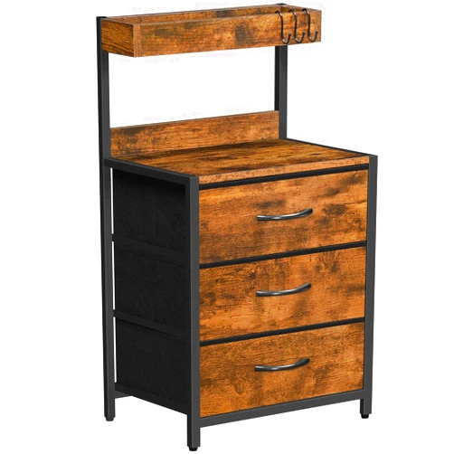 MAHANCRIS Night Stand, Nightstand with 3 Fabric Storage Drawers, Bedside Table with Storage Shelf, Bed Side Table for Bedroom, Living Room, Rustic Brown ETHR11601