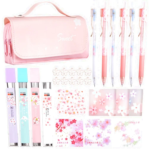 Crtiin 74 Pcs Kawaii Cherry Blossom Stationery Set Japanese Kawaii Pencil Bag Mechanical Pencil Cherry Erasers Pencil Refill and Stickers for Office Party Favors(Pink)
