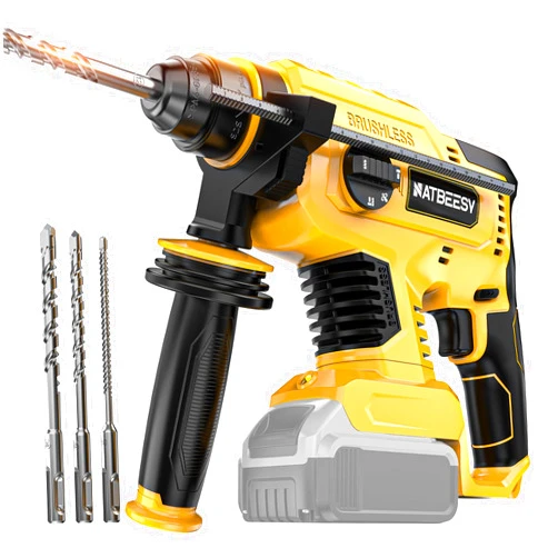NATBEESY Cordless Rotary Hammer Drill for De-Walt 20V MAX Battery: Brushless 1 Inch SDS Hammer Drill for Concrete - 4 Mode - 2.5 Joules -1500 RPM - 360° Auxiliary Handle and 4 Drill Bits, Tool Only