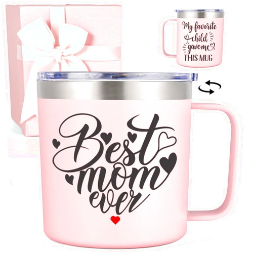 LiqCool Mom Christmas Gifts, 14 Oz Best Mom Ever - Favorite Child Mug Gift Set, Unique Popular irthday Gifts Ideas for Mom Wife Women, Happy Mom Mom Christmas Gifts(Pink)