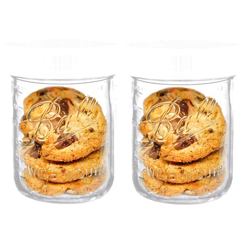 MEM WORLDSHOP Wide Mouth Mason Jars 16 oz - (2 Pack) - Ball Wide Mouth 16-Ounces Pint Mason Jars with White M.E.M Food Storage Plastic Lids, Caps Fit Ball and Kerr Wide Mouth - For Storage, Freezing, Leak Proof,