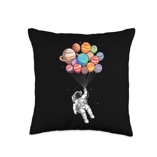 Floating Astronaut Space Balloon Art for Kids Astronaut Holding Planet Balloons Space Adventure for Kids Throw Pillow