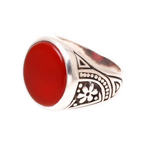 NOVICA Artisan Handmade .925 Sterling Silver Men's Carnelian Signet Ring from India Single Stone Floral Modern Gemstone Birthstone 'Native Flower'