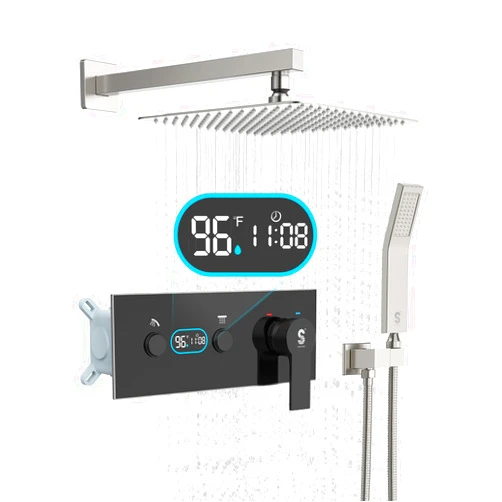 SR SUN RISE LED Digital Display Shower System - SR SUNRISE 12 Inch High Pressure Shower Head and Handheld, Thermostatic Valve, Luxury Rainfall Shower Faucet Perfect for Bathroom Remodel, Brushed Nickel