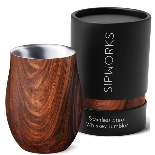 Sipworks Whiskey Tumbler - 8 oz Stainless Steel Tumbler with Double Walled Vacuum Insulation - Dishwasher Safe, Spill Resistant, Insulated Whiskey Tumbler for Travel & Parties - Mahogany