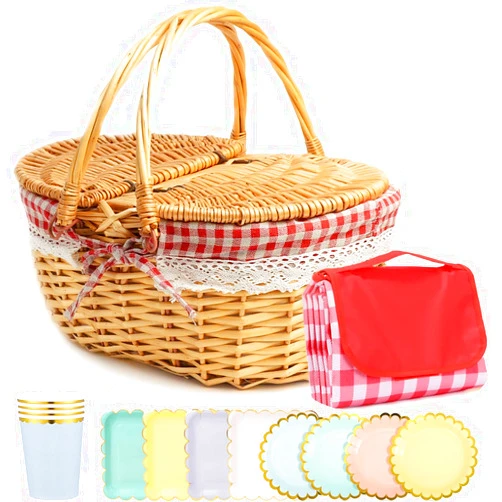 Karasmay Wicker Picnic Basket with Removable Liner,Handmade Wicker Basket with Lid Handle and Picnic Blanket&Disposable Picnic Tray Set.Vintage-Style Picnic Hamper for Camping Outdoor, Thanks Giving, Birthday