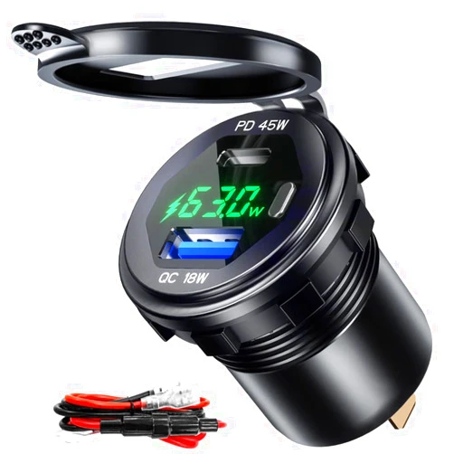 GOBGOD USB C Car Charger Socket 12V/24V USB Outlet, 45W PD Type C & 18W QC 3.0 Car Dual USB Port with LED Voltmeter & Button Switch DIY Car Socket for Car Boat Marine Bus Truck Golf RV Motorcycle GOBGOD