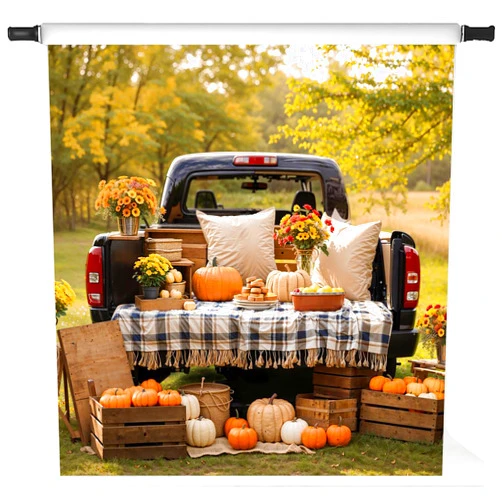 Kate Autumn Truck Photo Backdrop Fall Pumpkin Sunflower Scene Outdoor Thanksgiving Photography Backdrop for Portraits and Holiday Decor, 8x8ft