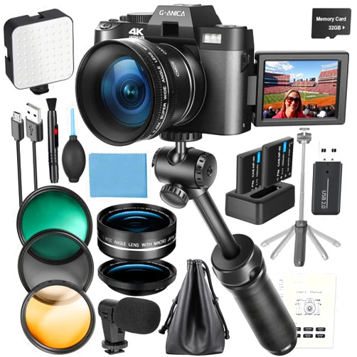 G-Anica 4K Digital Cameras for Photography, 48MP Vlogging Camera for YouTube with Microphone & Tripod Grip, Video Camera with Wide-Angle&Macro Lens, Content Creator Kit & Travel Camera（Black）