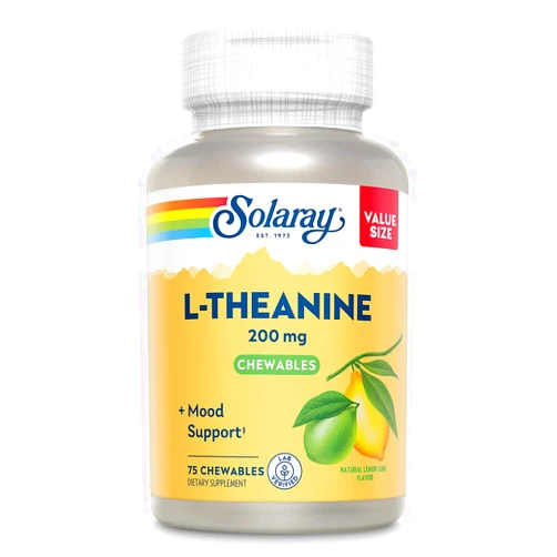 SOLARAY L Theanine 200mg, Mood Support Supplement with Vitamin B6 - Calming Support During Occasional Stress - Natural Lemon Lime Flavor - 60-Day Guarantee, Lab Verified - 75 Servings, 75 Chewables