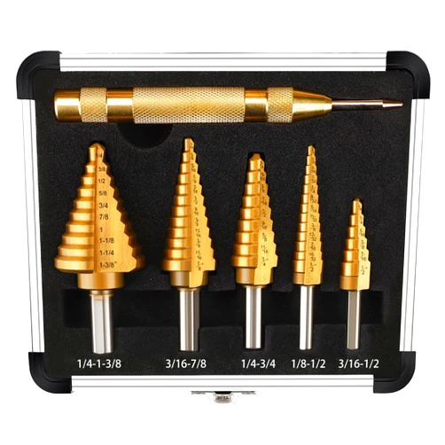 TEWORDA Step Drill Bit Set, 6 Pcs High-Speed Steel Step Drill Bit with Automatic Center Punch for Metal, Wood, Plastic, 50 Sizes HSS Step Bit with Aluminum Case for DIY Lovers, 1/8