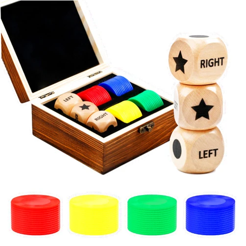 Pagather Fun Left Right Roll Dice Game Set, Include 3 1-inch Wooden Dices 48 Pcs Chips in Wooden Box, Easy to Store and Carry Around for Travel(Wood)