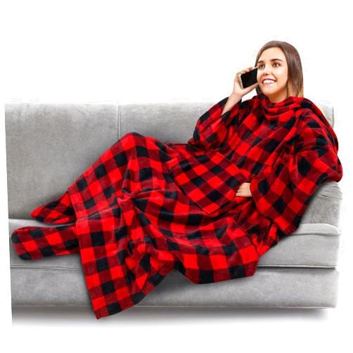 PAVILIA Fleece Blanket with Sleeves and Foot Pockets for Women Men Adults, Wearable Blanket Sleeved Throw Wrap, Plush Hug Sleep Pod Snuggle Blanket Robe, Cozy Gift Ideas Wife Mom, Checkered Red