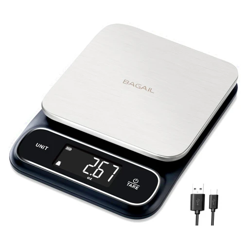 BAGAIL Food Scale, 0.1g High Precision Kitchen Scales, IPX6 Waterproof, USB-C Rechargeable, 0.01oz/11lb Digital Scale for Food Ounces and Grams with Stainless Steel Weighing Platform - Black