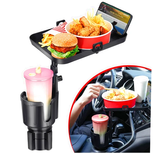 ANONEMOTO 2 in 1 Cup Holder Expander with Detachable Food Tray, 360° Rotatable Car Cup Holder Tray for Travel Road Essentials, Compatible with Yeti 20/26/30oz Hydro Flasks