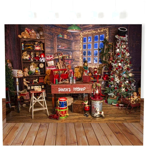 BewFar 10X8FT Christmas Photo Backdrop Santa's Toy Shop Workshop Xmas Tree Believe in Magic North Pole Express Wood Shed Store Photography Background Party Supplies Studio Prop Cake Smash Banner
