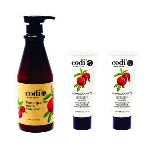 CODi Pomegranate Lotion - Body and Hand Lotion with Pump for Women and Men - Pomegranate Body Lotion with Wonderful Pomegranate Scent - Less Greasy, Quick Absorbent - 1 750ml Bottle and 2 100ml Tubes